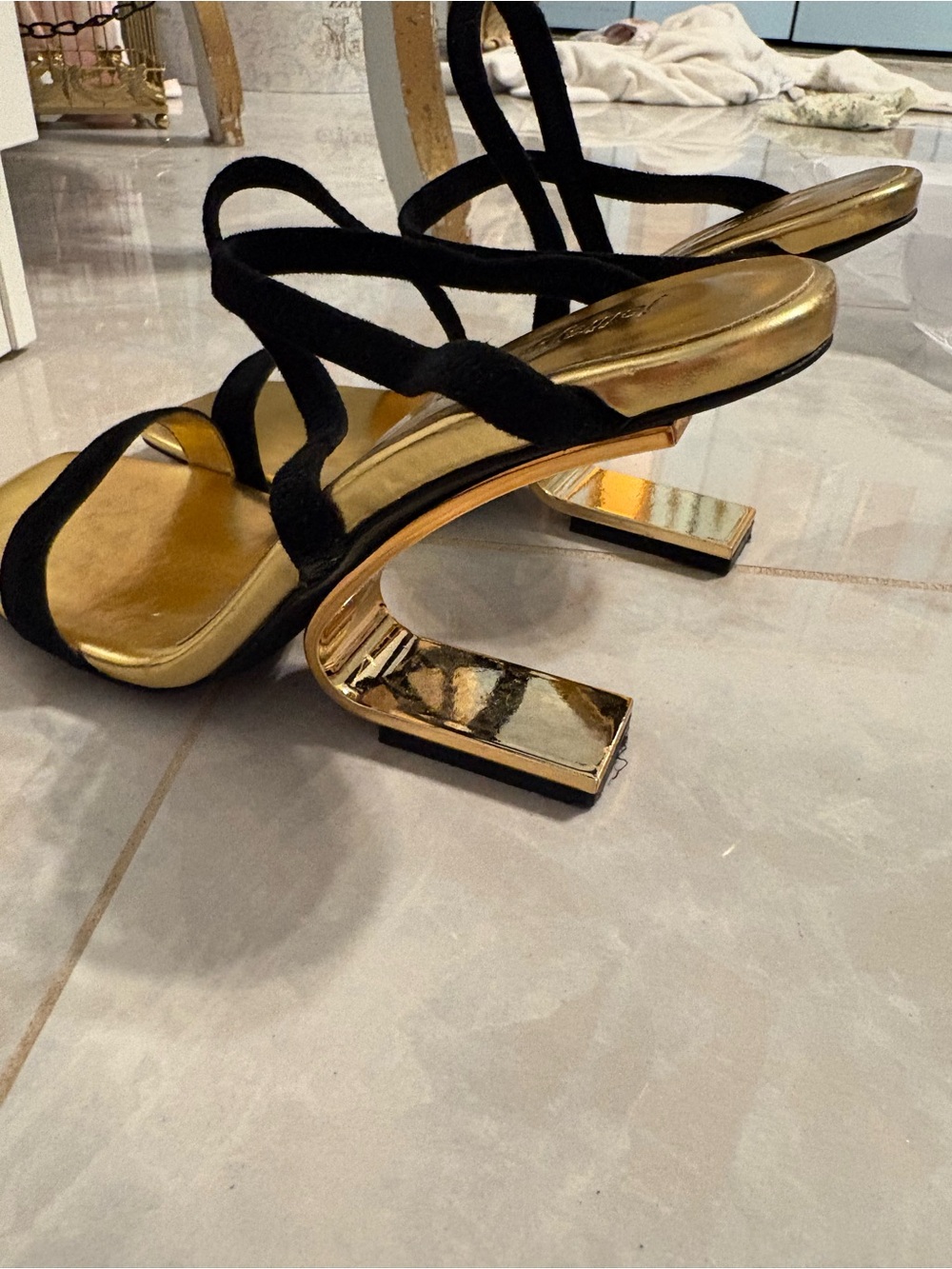 Jeffrey Campbell Black Suede Strappy Gold Metallic Sandal Heels - Picture 4 of 5